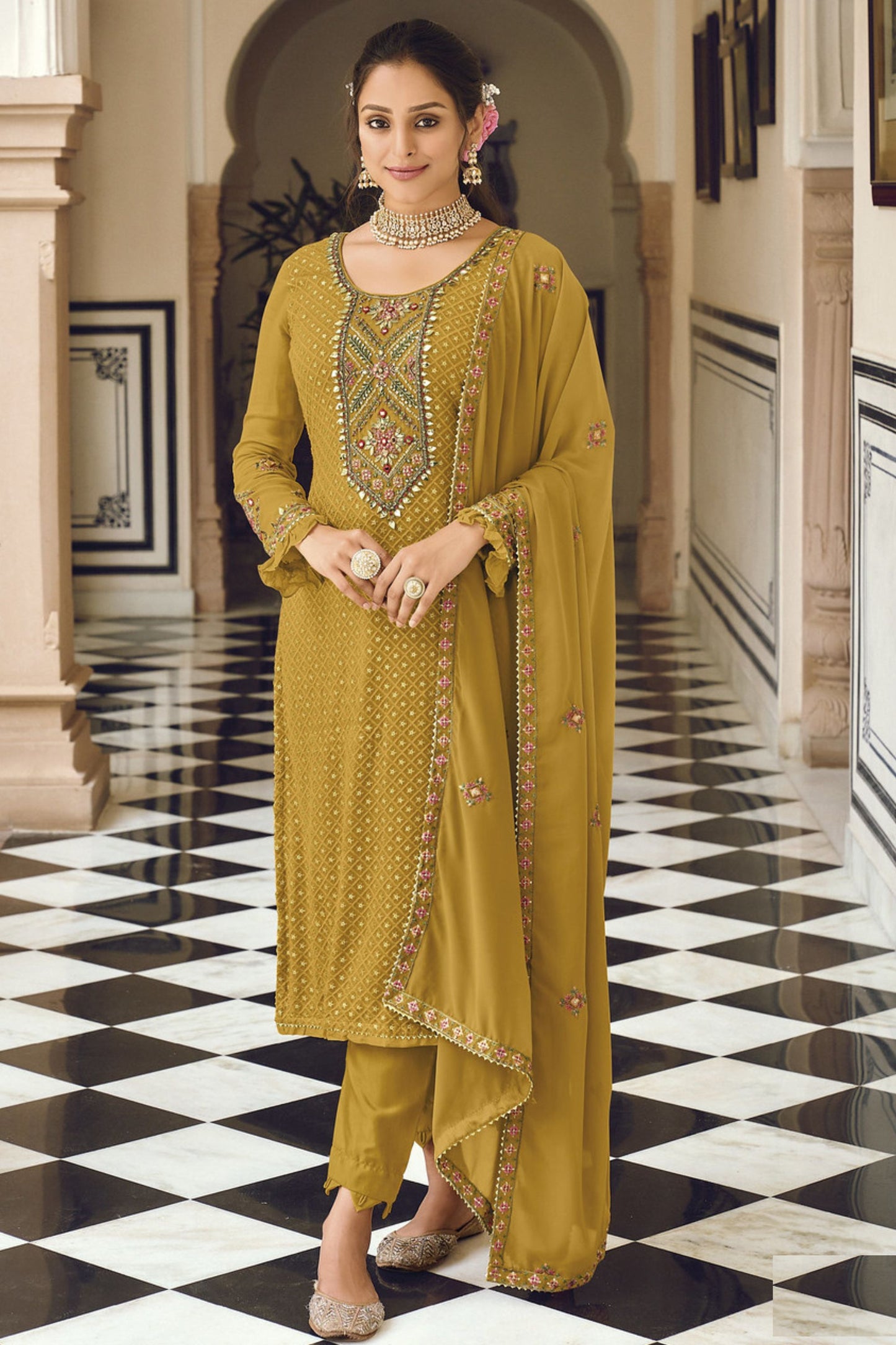 Dusty Yellow Georgette Kameez with Pant For Indian Suit Festivals & Pakistani Weddings - Embroidery Work