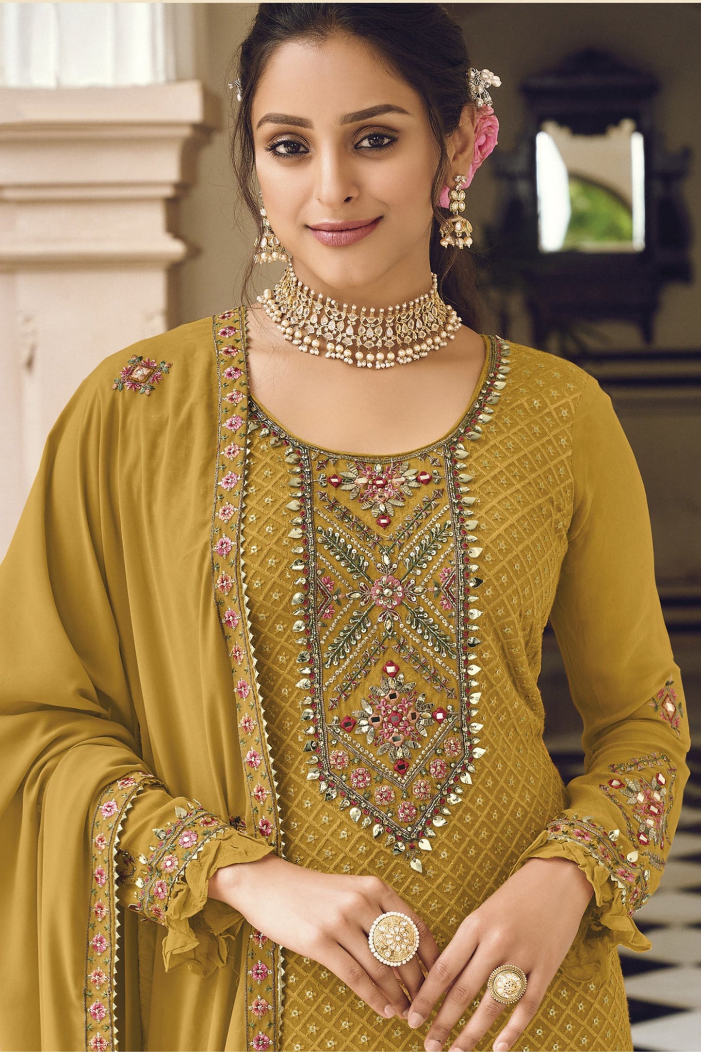 Dusty Yellow Georgette Kameez with Pant For Indian Suit Festivals & Pakistani Weddings - Embroidery Work