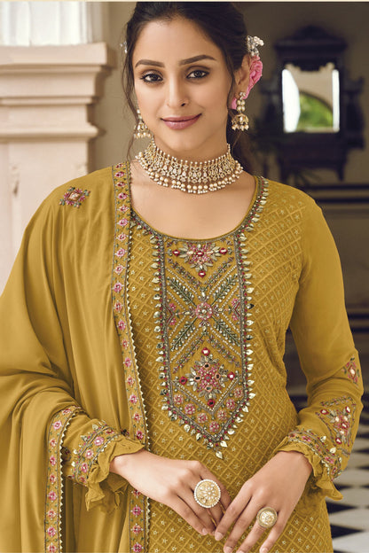 Dusty Yellow Georgette Kameez with Pant For Indian Suit Festivals & Pakistani Weddings - Embroidery Work