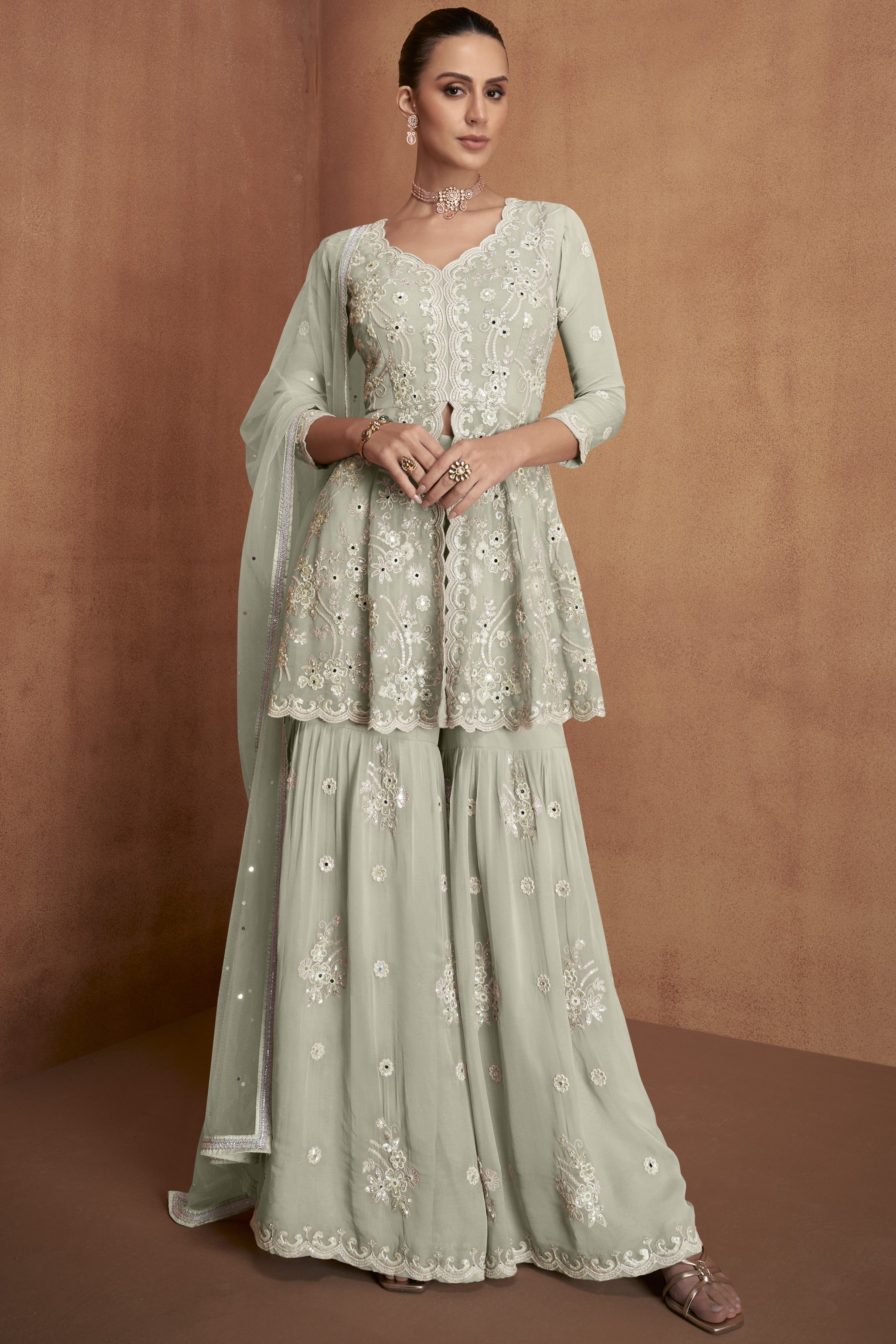 Sharara for Women in Dusty Green with Georgette Thread Embroidery Work