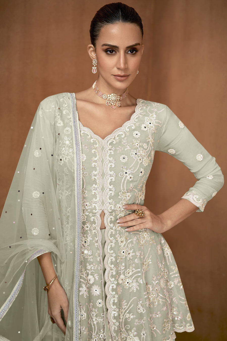 Sharara for Women in Dusty Green with Georgette Thread Embroidery Work