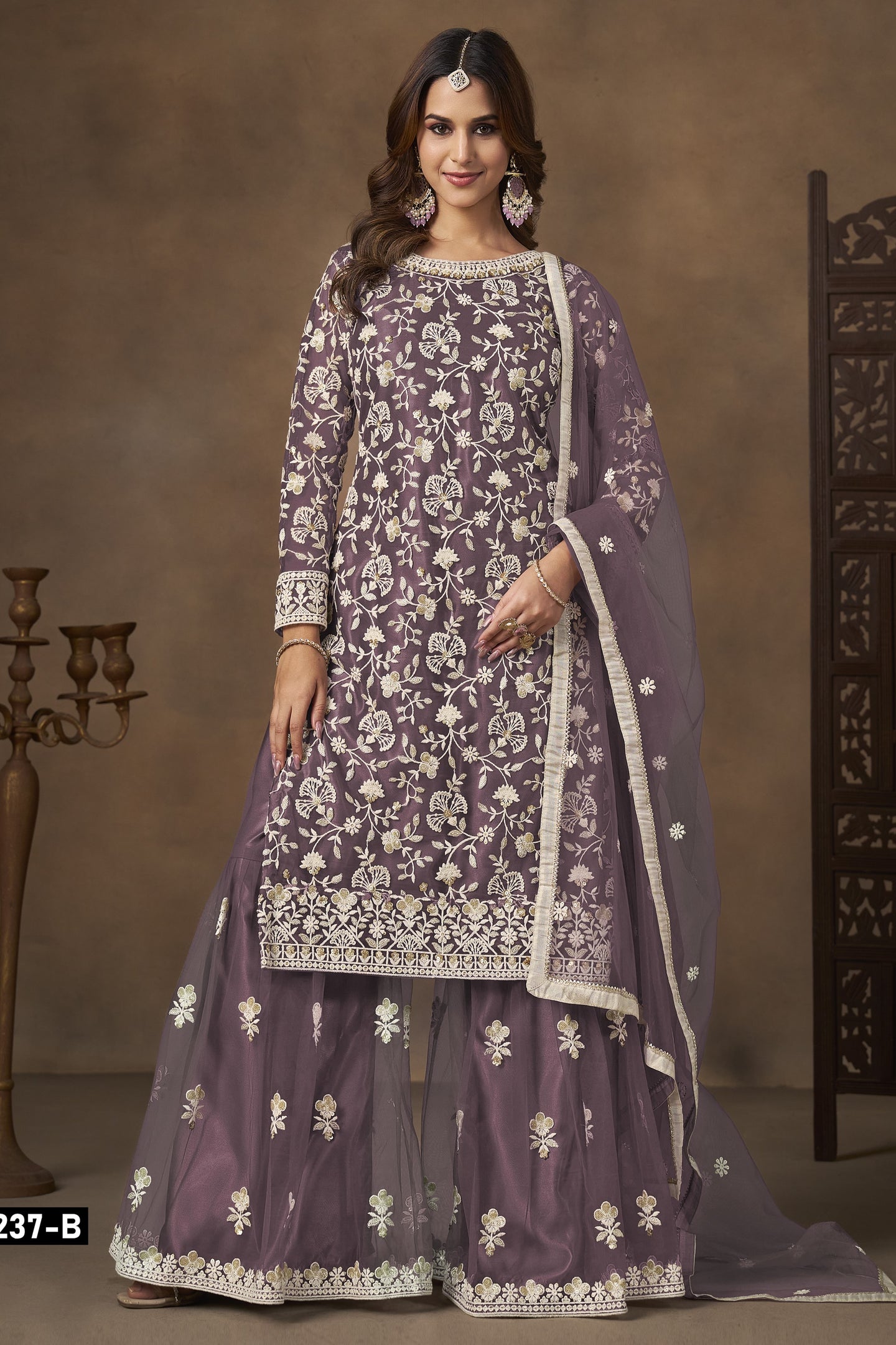 Dusty Grey Net Plazo Suits for Wedding with Thread and Sequins Embroidery