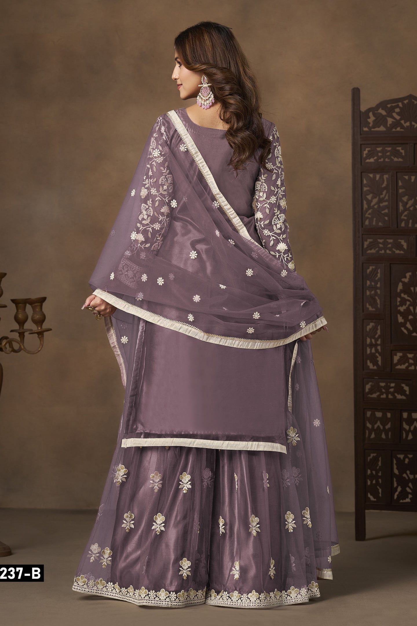 Dusty Grey Net Plazo Suits for Wedding with Thread and Sequins Embroidery