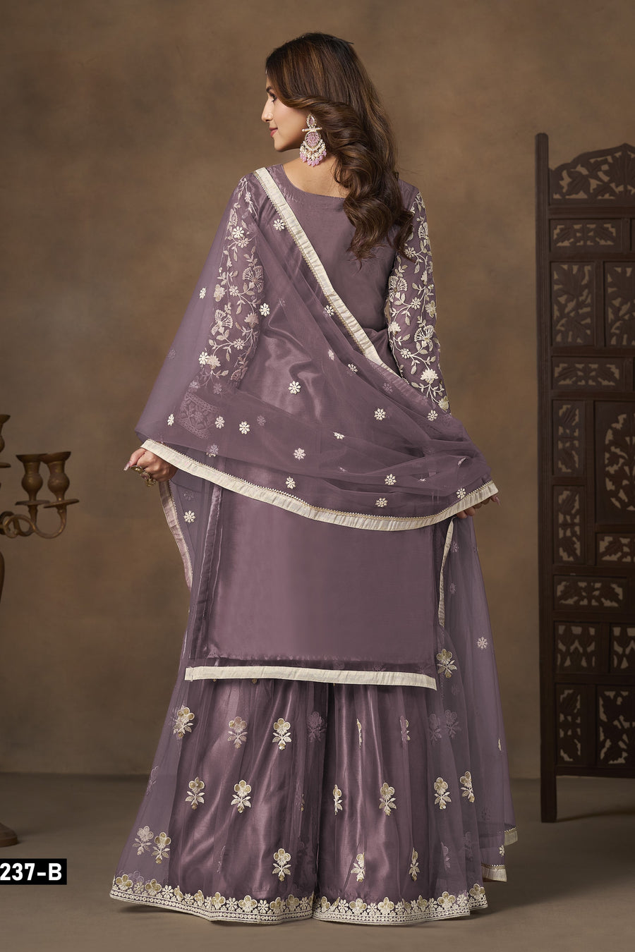 Dusty Grey Net Plazo Suits for Wedding with Thread and Sequins Embroidery
