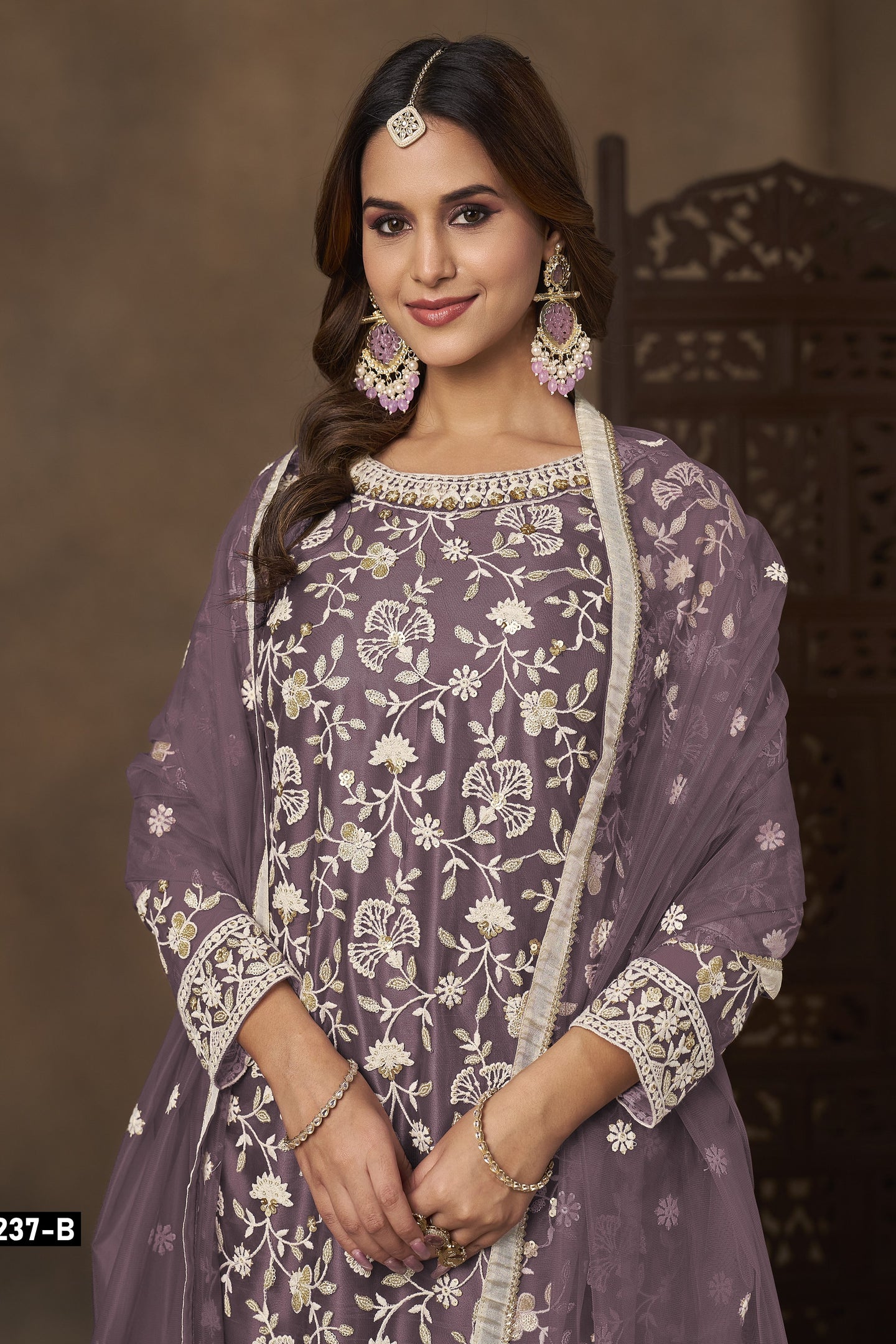 Dusty Grey Net Plazo Suits for Wedding with Thread and Sequins Embroidery