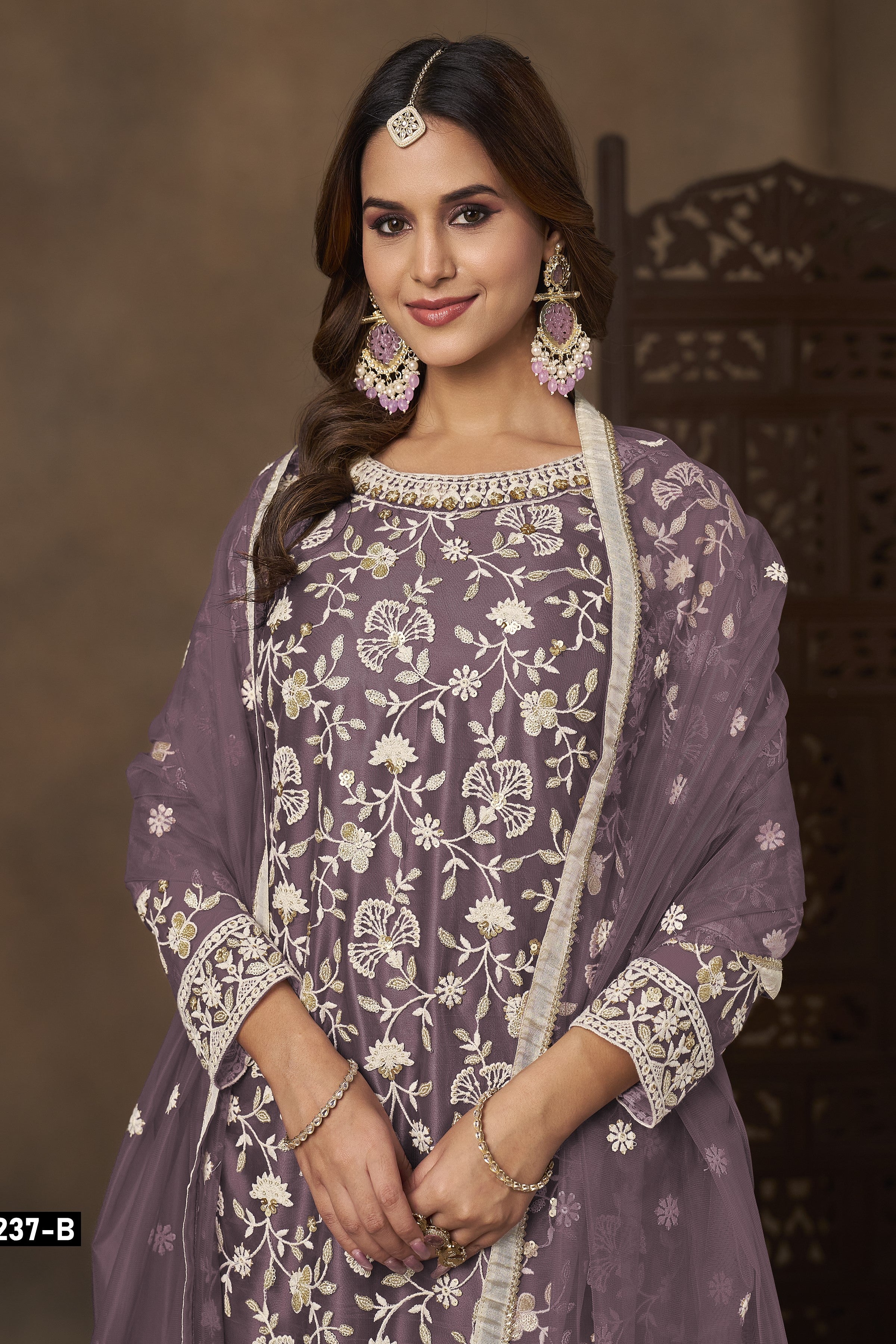 Dusty Grey Net Plazo Suits for Wedding with Thread and Sequins Embroidery