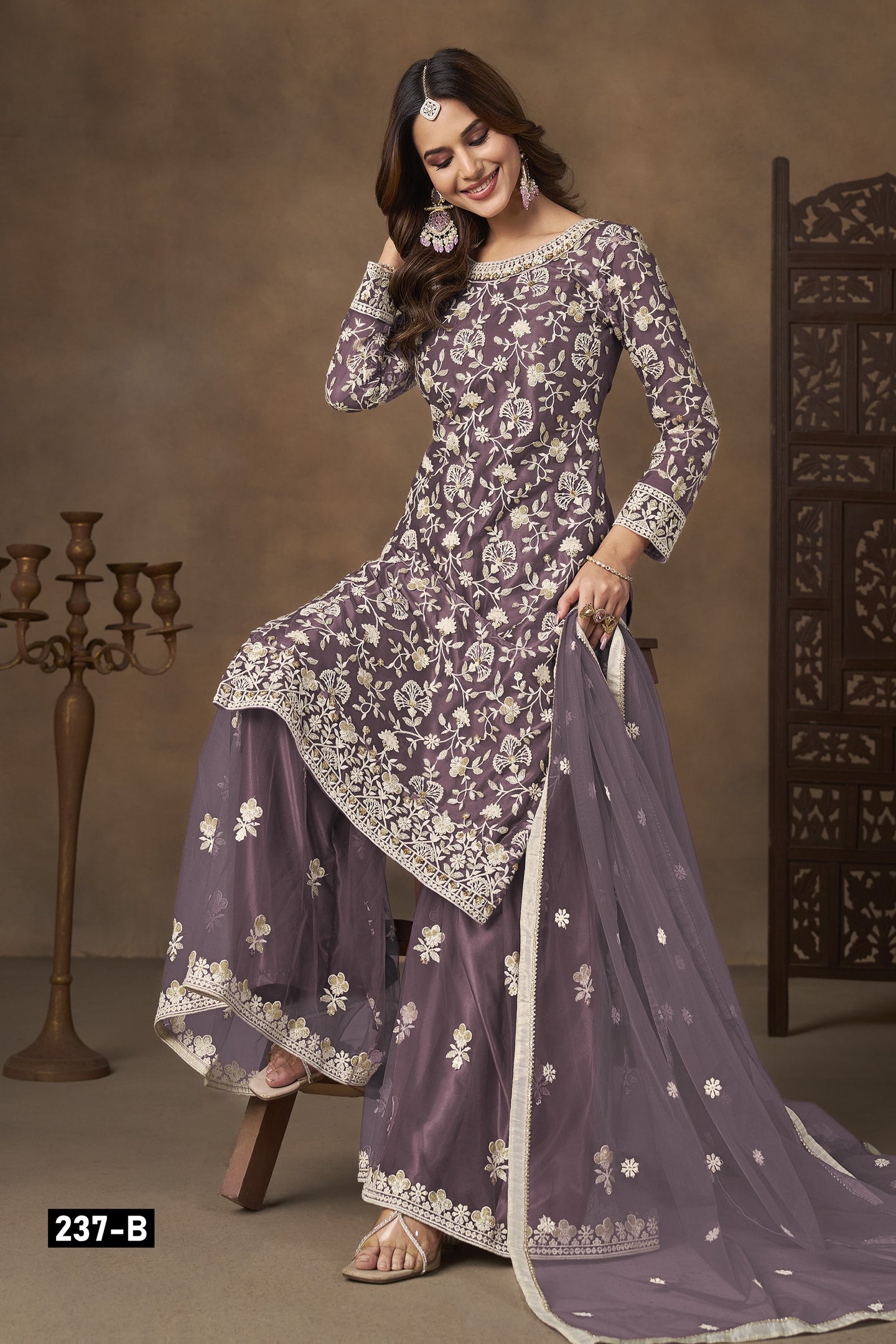 Dusty Grey Net Plazo Suits for Wedding with Thread and Sequins Embroidery