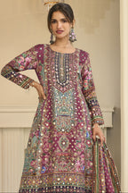 Upper-body view of maroon outfits for eid style plazo suit in crepe silk with hand aari work and gota patti work on the neckline and three-quarter sleeves.