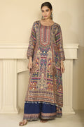 Woman wearing navy blue mehndi outfits style plazo suit in crepe silk with hand aari work and gota patti work, printed plazo and dupatta, full-length front view.