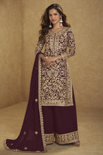 Embroidered Suit for Womens | Maroon Georgette Sequin Plazo Set