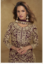 Embroidered Suit for Womens | Maroon Georgette Sequin Plazo Set