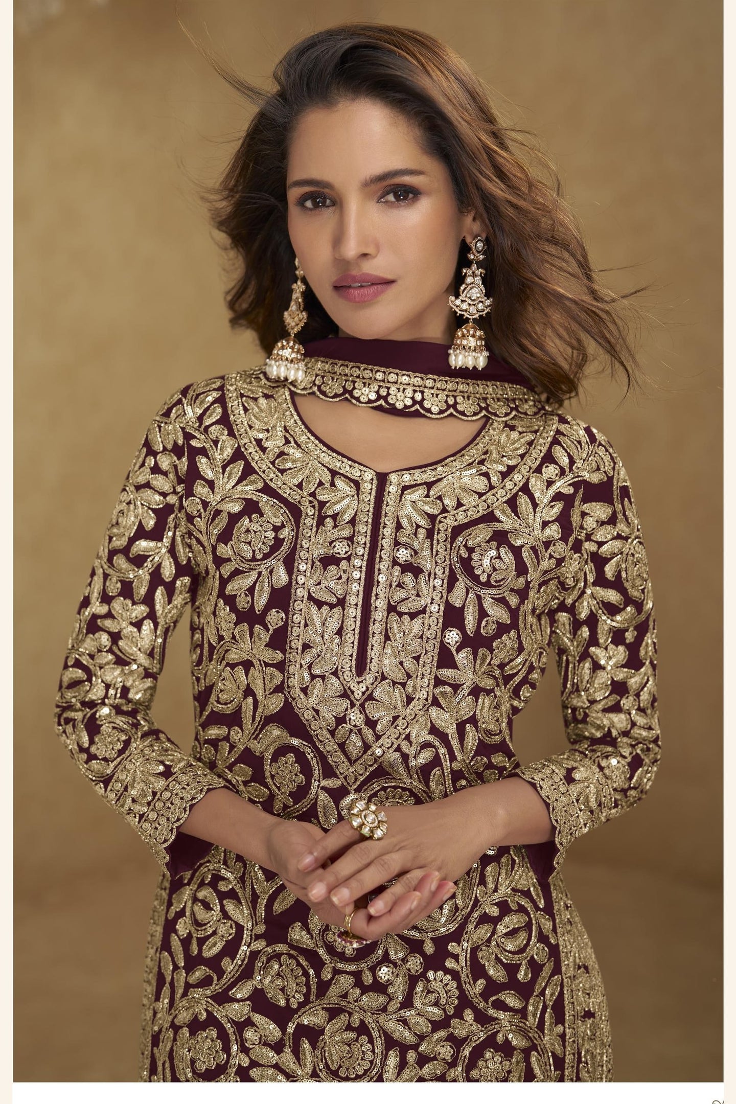 Embroidered Suit for Womens | Maroon Georgette Sequin Plazo Set