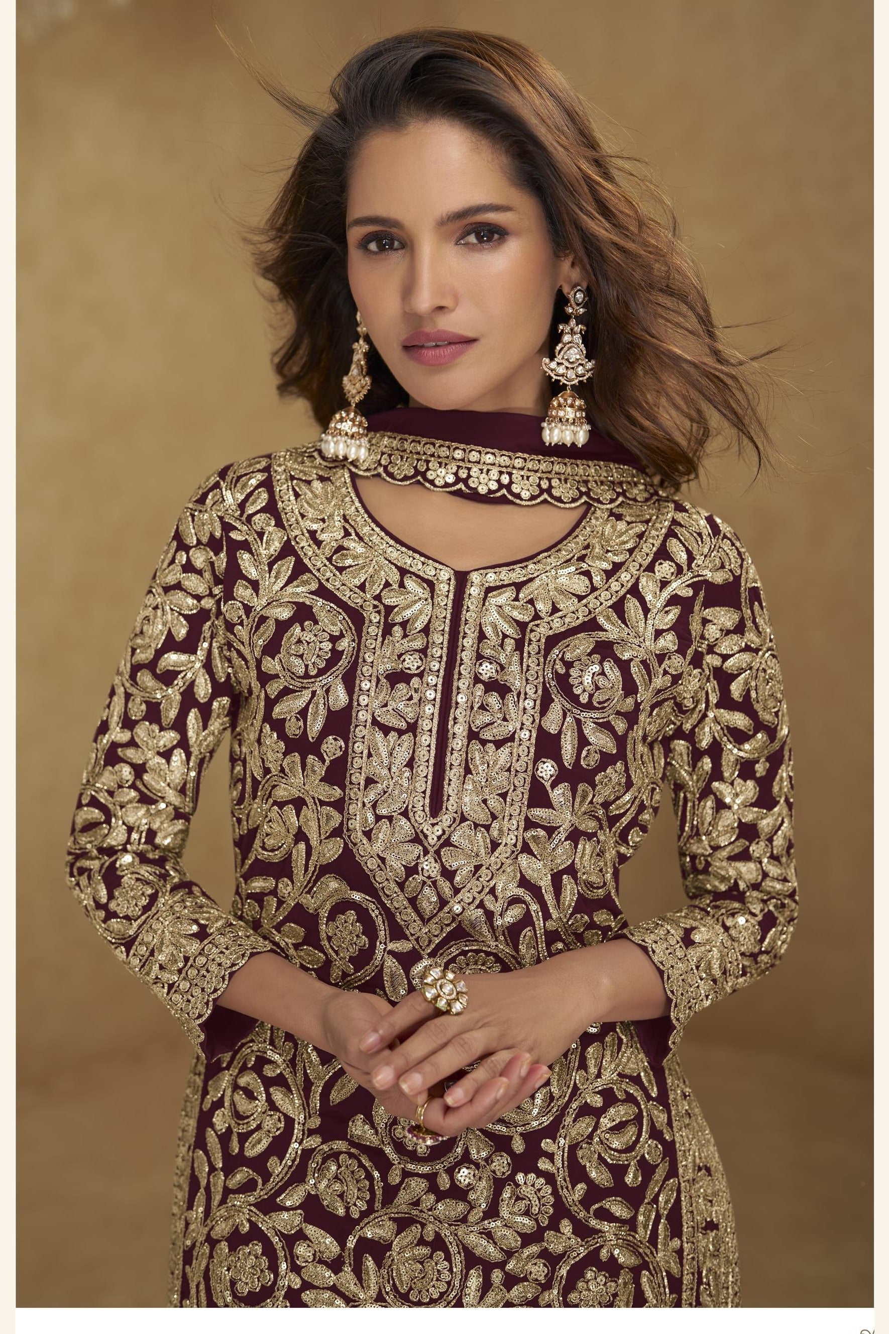 Embroidered Suit for Womens | Maroon Georgette Sequin Plazo Set