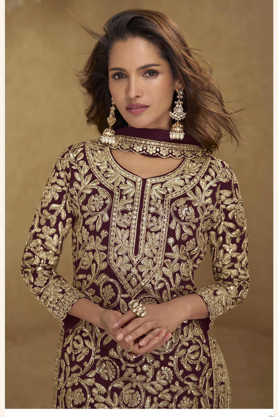 Embroidered Suit for Womens | Maroon Georgette Sequin Plazo Set