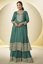 Emerald Green Chinon Silk Palazo Suit For Indian & Pakistani Wedding Festival - Thread & Sequins Embroidery Work