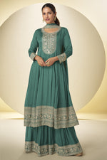 Emerald Green Chinon Silk Palazo Suit For Indian & Pakistani Wedding Festival - Thread & Sequins Embroidery Work