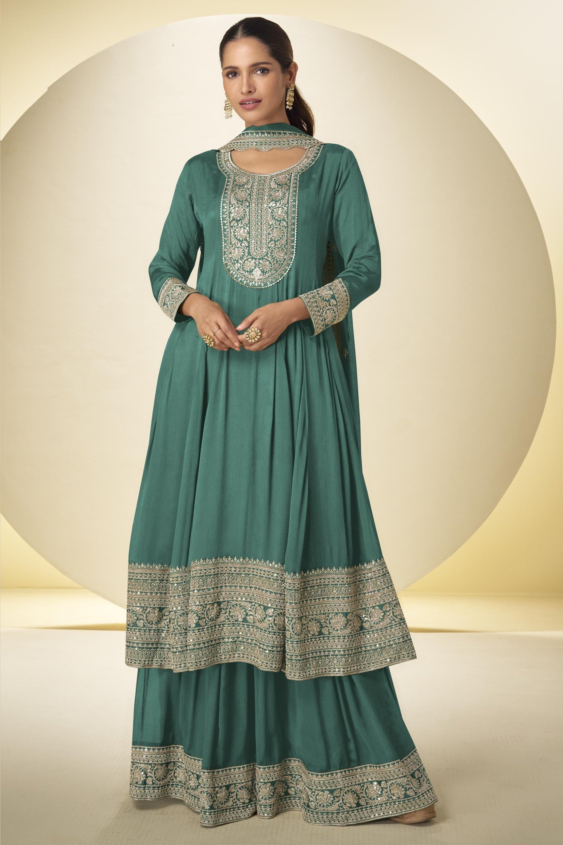 Emerald Green Chinon Silk Palazo Suit For Indian & Pakistani Wedding Festival - Thread & Sequins Embroidery Work