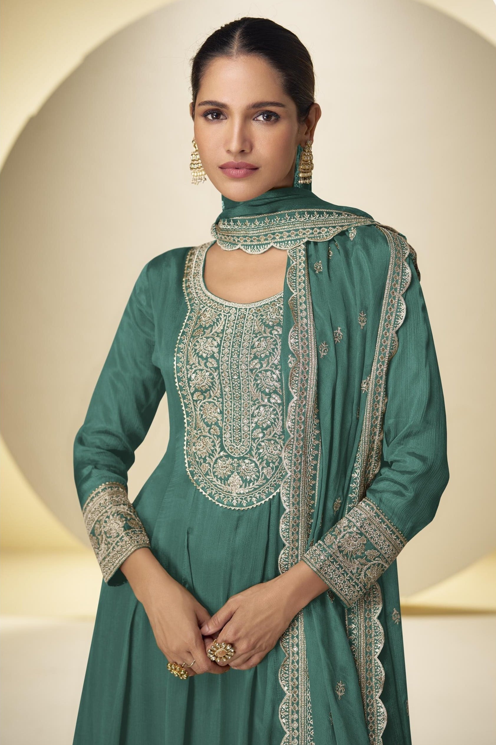 Emerald Green Chinon Silk Palazo Suit For Indian & Pakistani Wedding Festival - Thread & Sequins Embroidery Work
