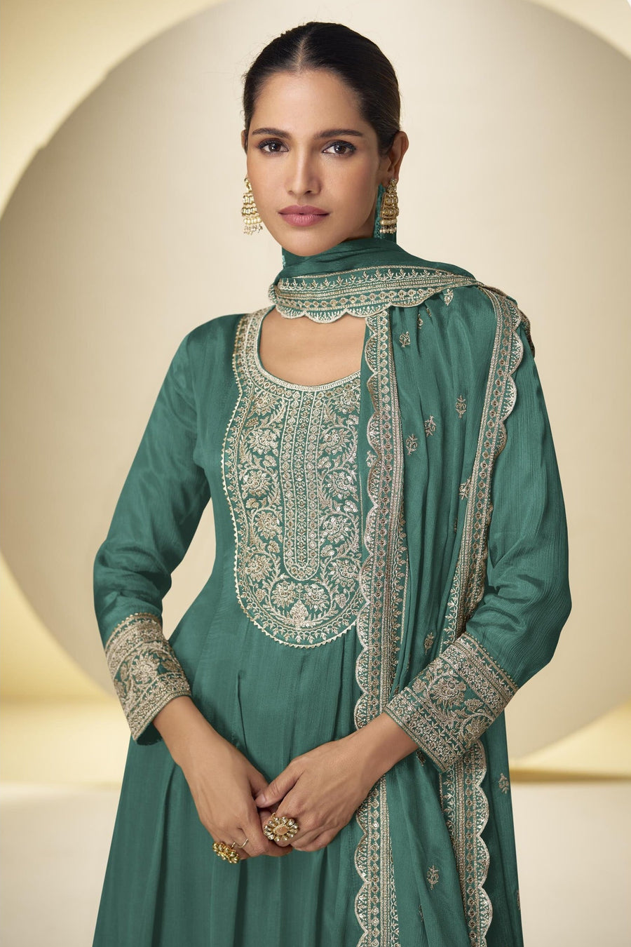 Emerald Green Chinon Silk Palazo Suit For Indian & Pakistani Wedding Festival - Thread & Sequins Embroidery Work