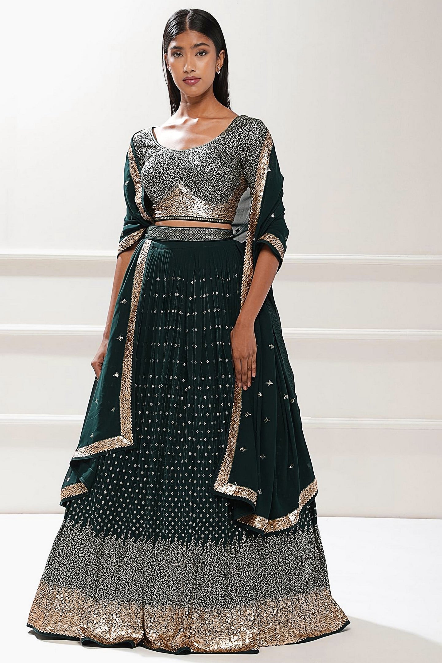 Emerald Green Georgette Lehenga Choli For Indian & Pakistani Wedding Festival - Thread Embroidery Work, Sequence Embroidery Work