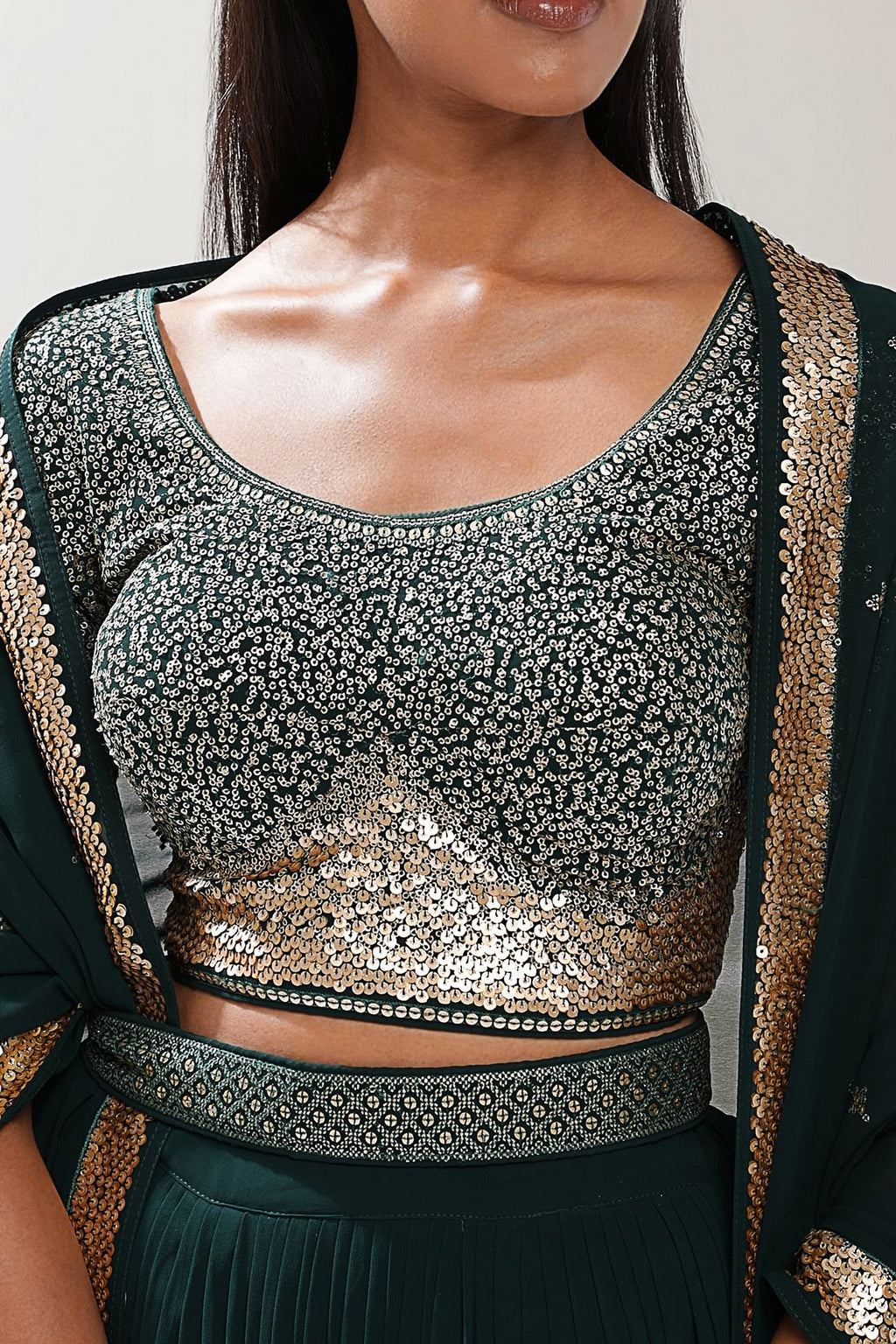 Emerald Green Georgette Lehenga Choli For Indian & Pakistani Wedding Festival - Thread Embroidery Work, Sequence Embroidery Work