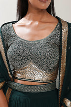 Emerald Green Georgette Lehenga Choli For Indian & Pakistani Wedding Festival - Thread Embroidery Work, Sequence Embroidery Work