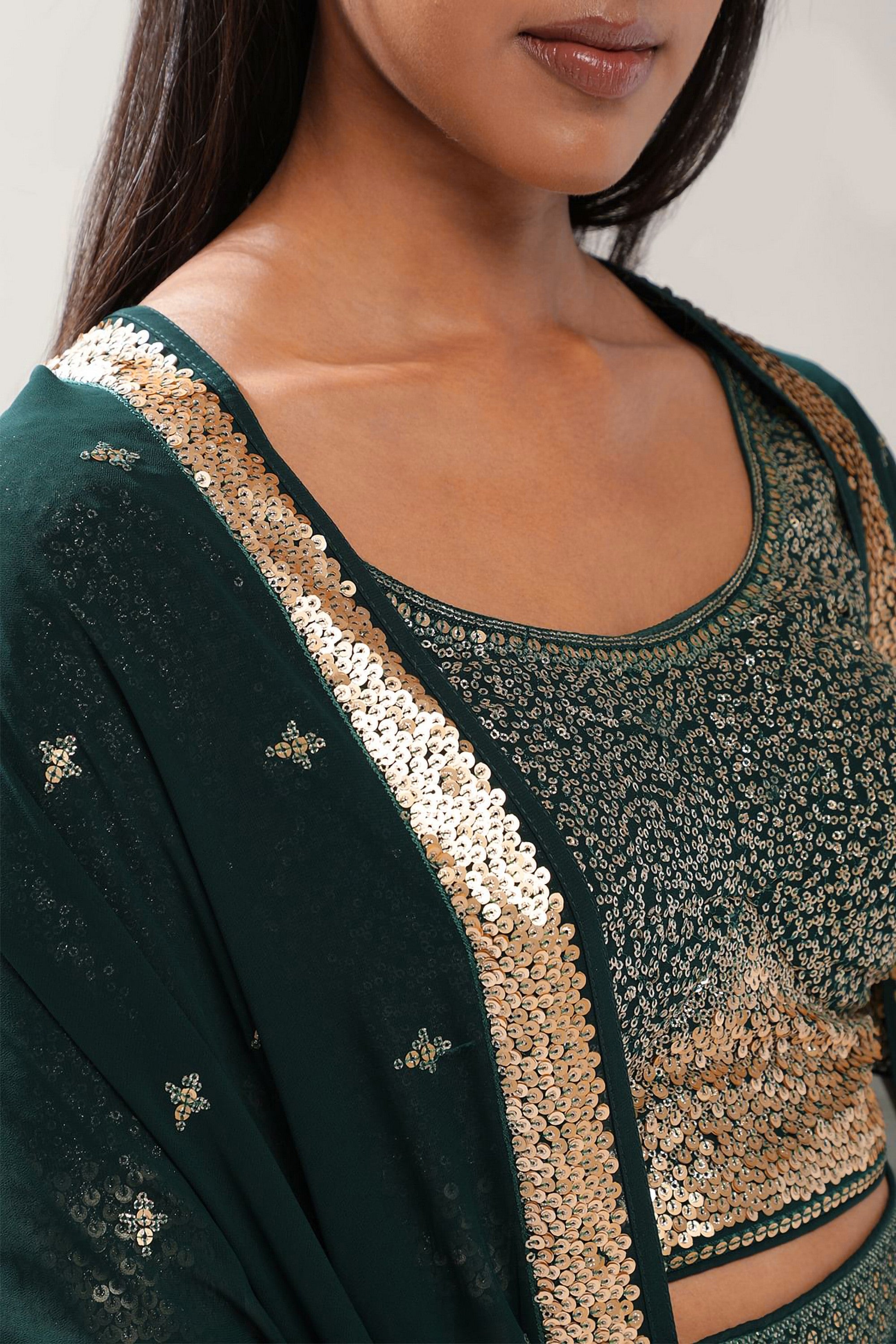Emerald Green Georgette Lehenga Choli For Indian & Pakistani Wedding Festival - Thread Embroidery Work, Sequence Embroidery Work