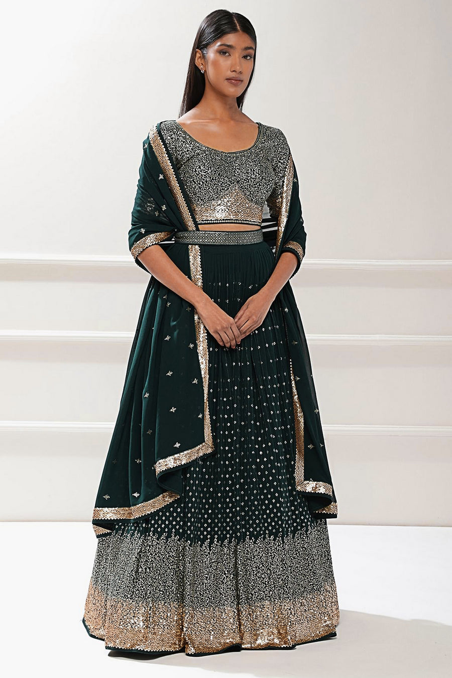 Emerald Green Georgette Lehenga Choli For Indian & Pakistani Wedding Festival - Thread Embroidery Work, Sequence Embroidery Work 36 Emerald Green Georgette Lehenga Choli For Indian & Pakistani Wedding Festival - Thread Embroidery Work, Sequence Embroidery Work 36