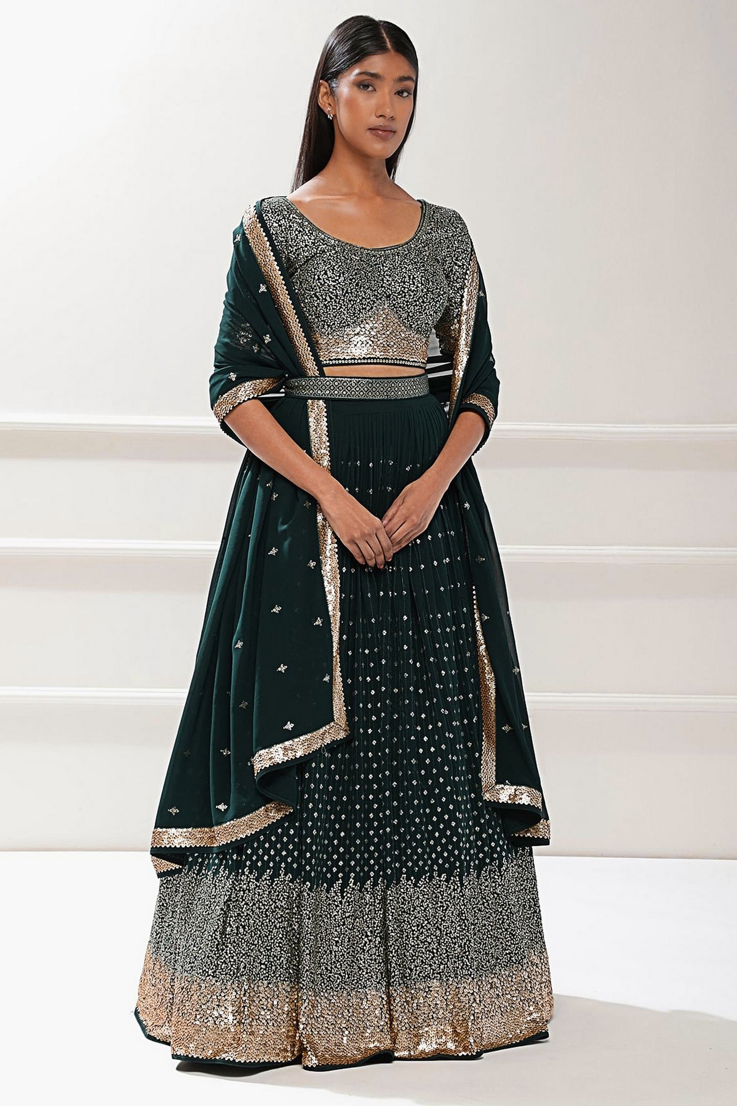 Emerald Green Georgette Lehenga Choli For Indian & Pakistani Wedding Festival - Thread Embroidery Work, Sequence Embroidery Work