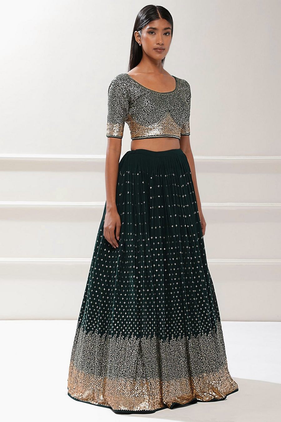 Emerald Green Georgette Lehenga Choli For Indian & Pakistani Wedding Festival - Thread Embroidery Work, Sequence Embroidery Work