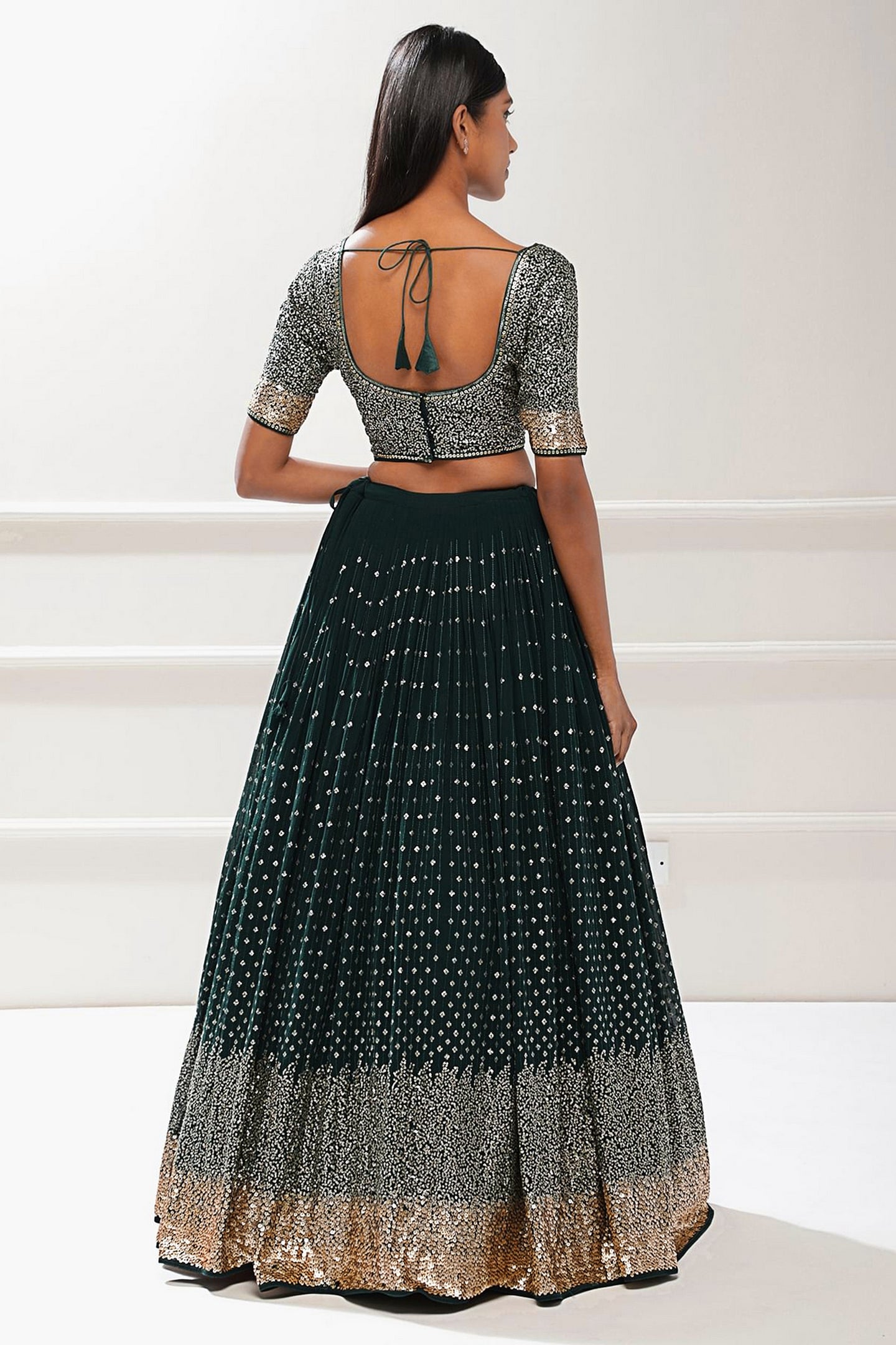 Emerald Green Georgette Lehenga Choli For Indian & Pakistani Wedding Festival - Thread Embroidery Work, Sequence Embroidery Work