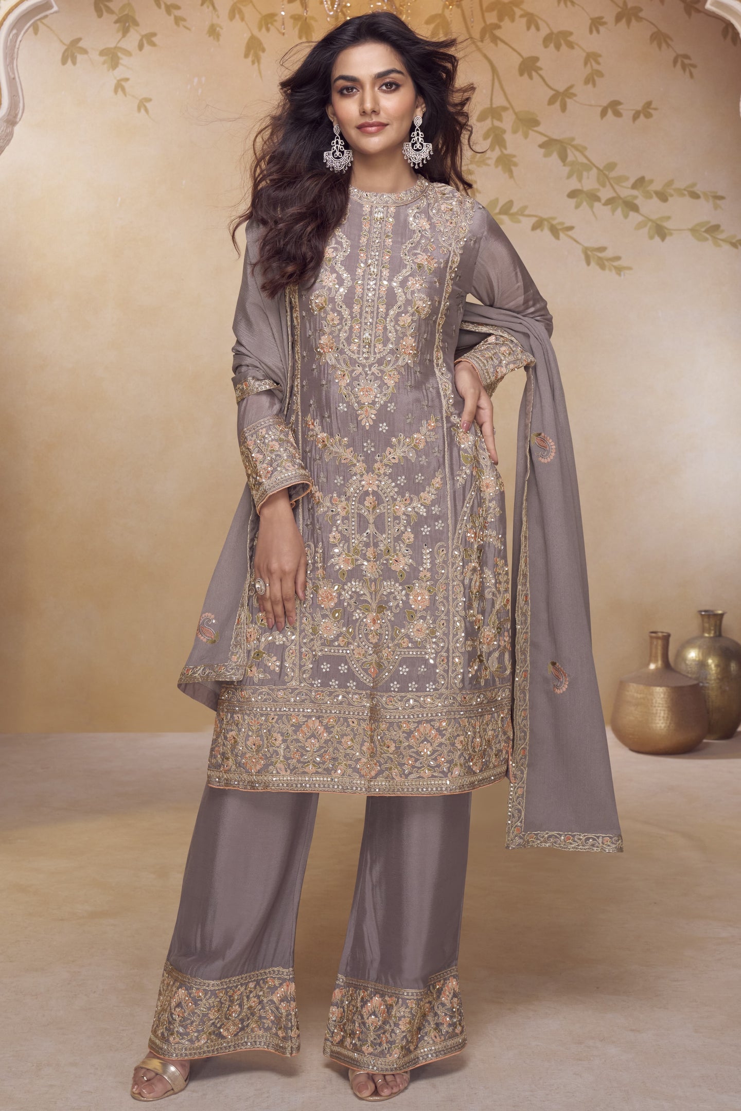 Festival Wear Dusty Purple Chinon Silk Kameez with Palazo in Embroidery & Mirror Work