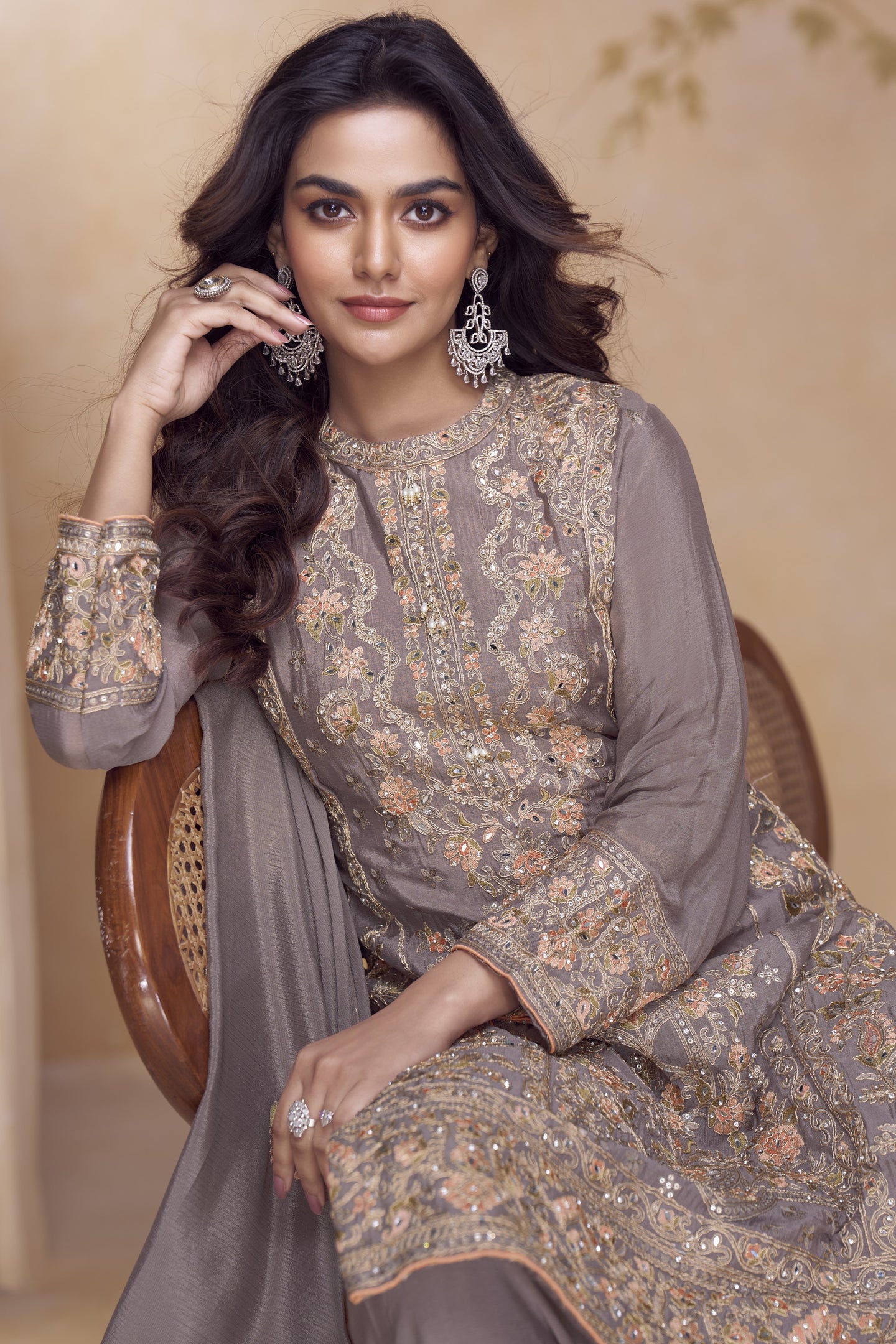 Festival Wear Dusty Purple Chinon Silk Kameez with Palazo in Embroidery & Mirror Work