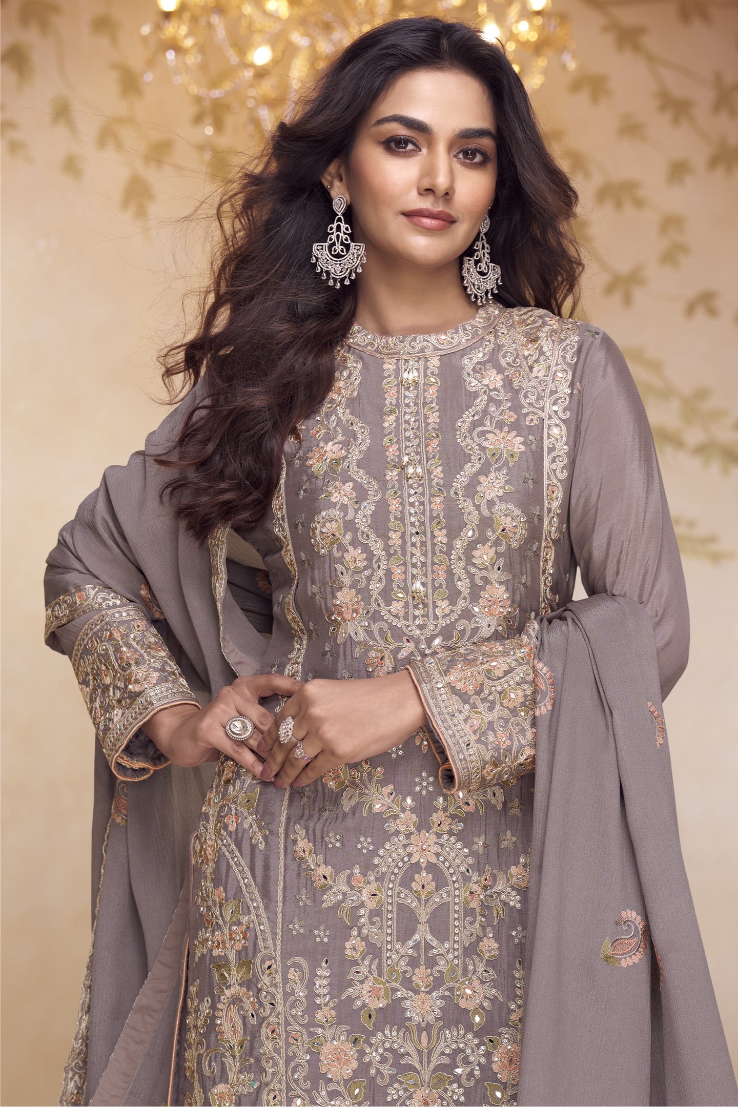 Festival Wear Dusty Purple Chinon Silk Kameez with Palazo in Embroidery & Mirror Work