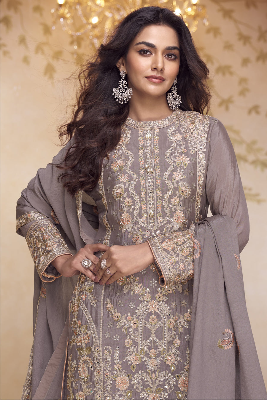 Festival Wear Dusty Purple Chinon Silk Kameez with Palazo in Embroidery & Mirror Work