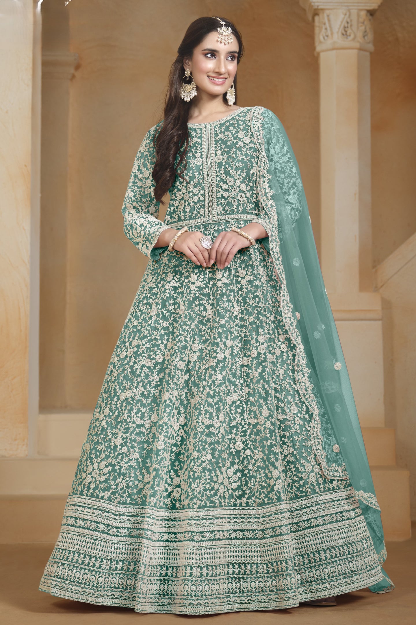 Firozi Net Dori Work Anarkali Wedding Guest Suit