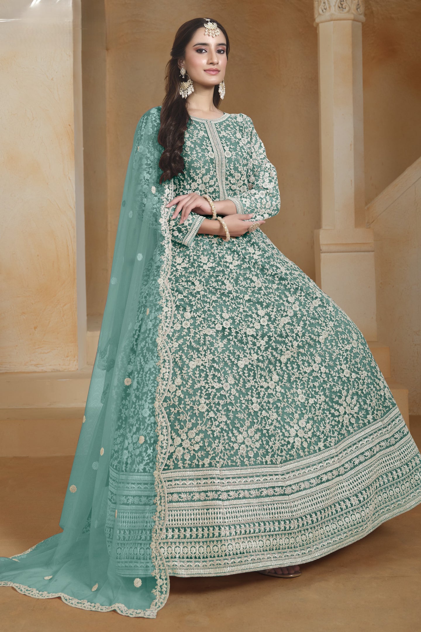 Firozi Net Dori Work Anarkali Wedding Guest Suit