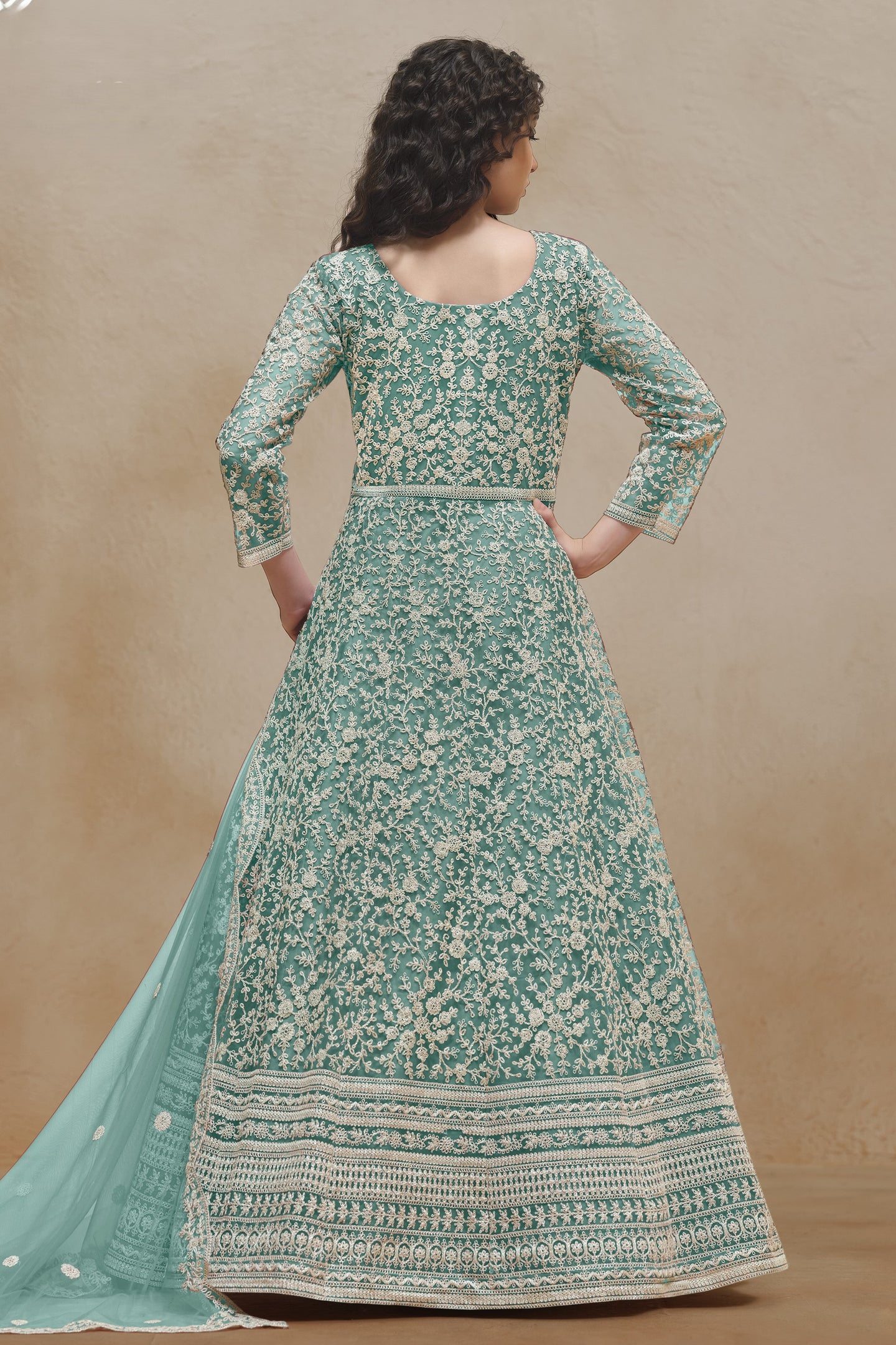 Firozi Net Dori Work Anarkali Wedding Guest Suit