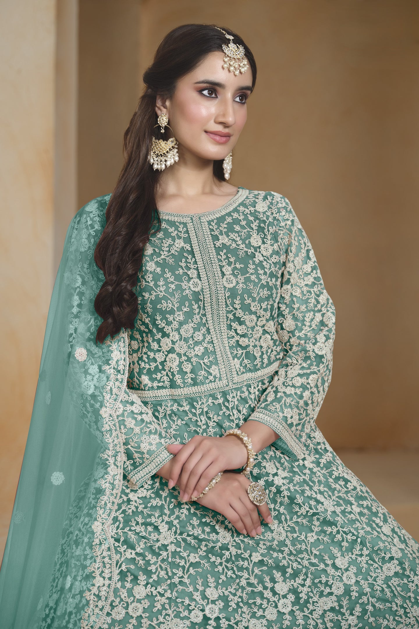 Firozi Net Dori Work Anarkali Wedding Guest Suit