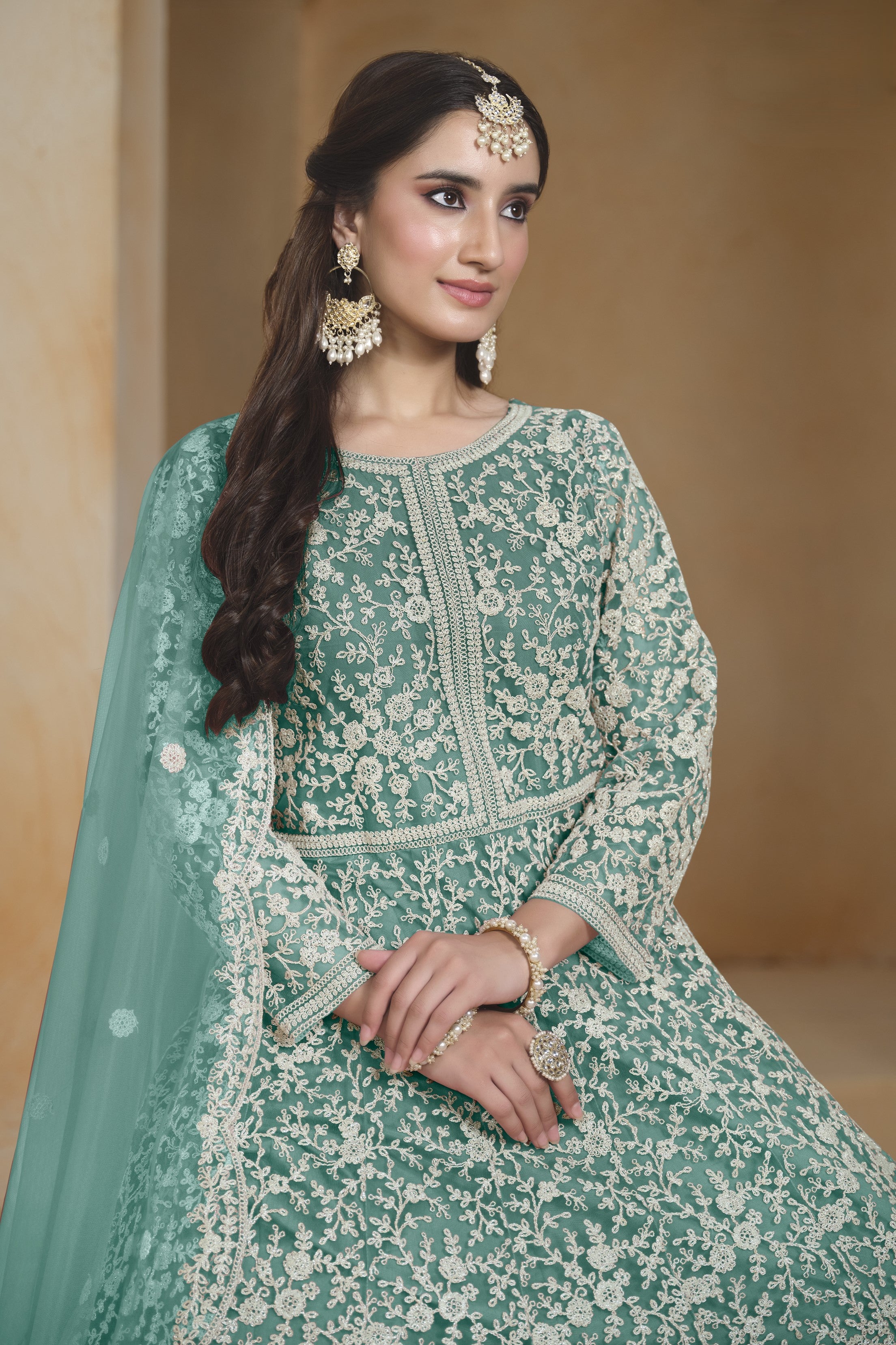 Firozi Net Dori Work Anarkali Wedding Guest Suit