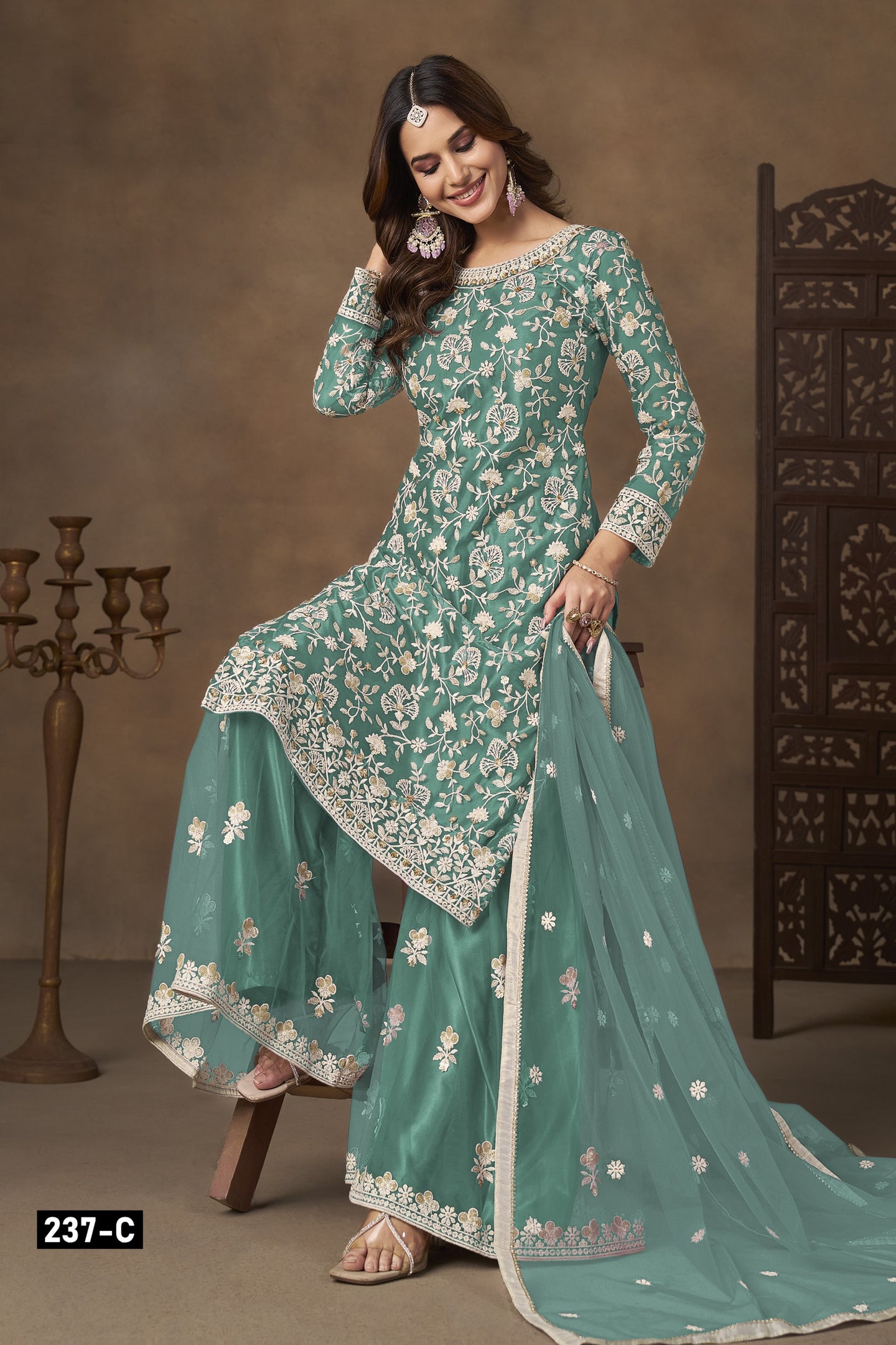 Firozi Net Plazo Suits for Wedding with Thread and Sequins Embroidery
