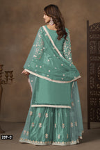Firozi Net Plazo Suits for Wedding with Thread and Sequins Embroidery
