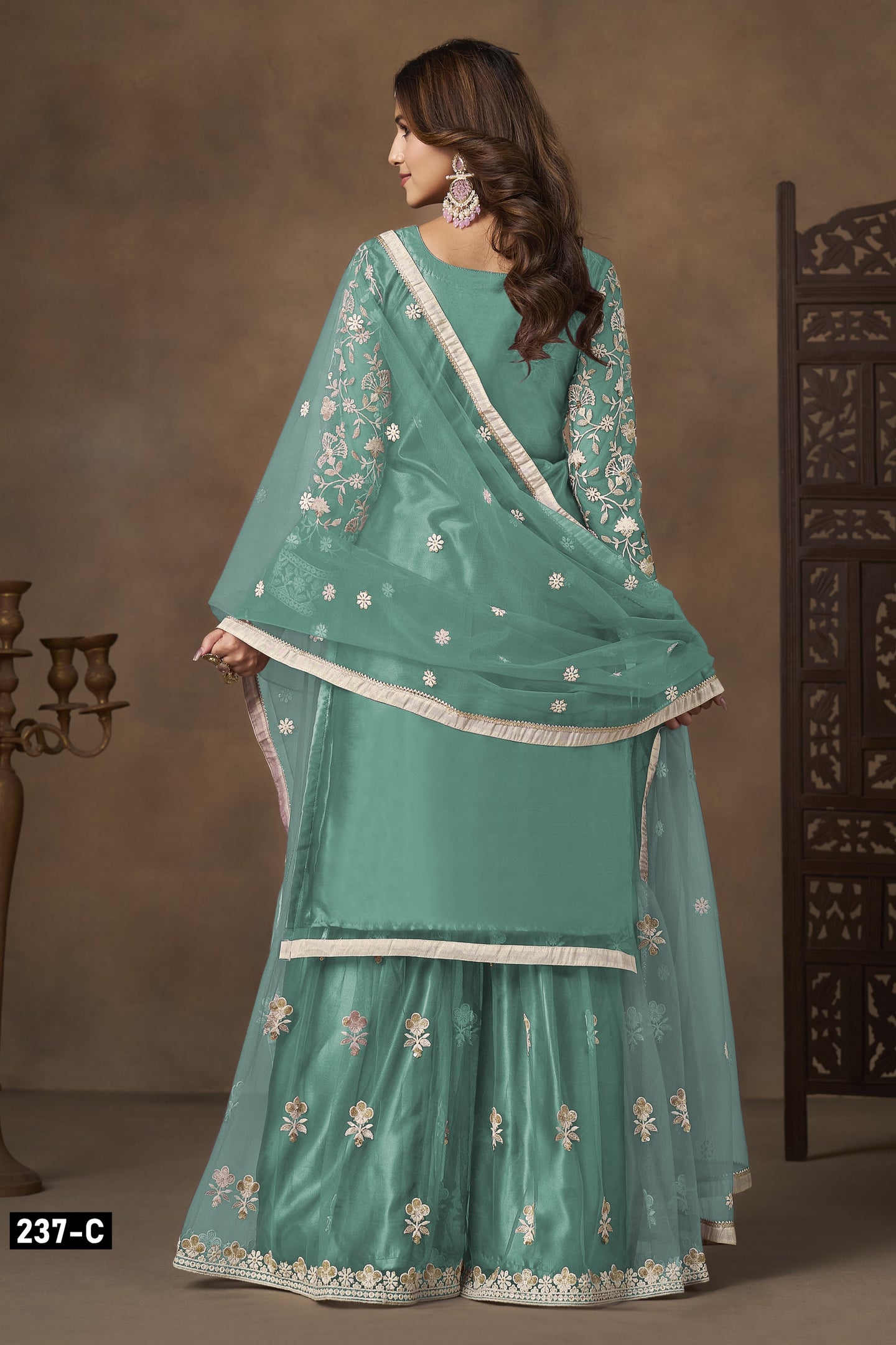 Firozi Net Plazo Suits for Wedding with Thread and Sequins Embroidery