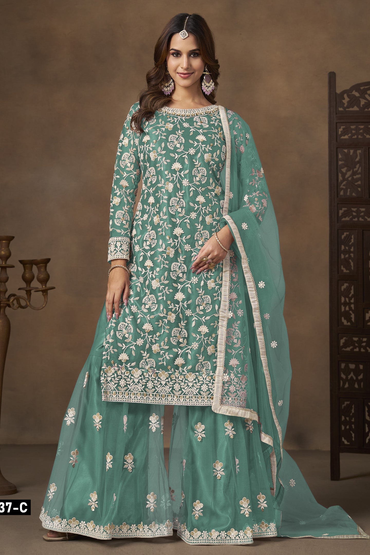 Firozi Net Plazo Suits for Wedding with Thread and Sequins Embroidery