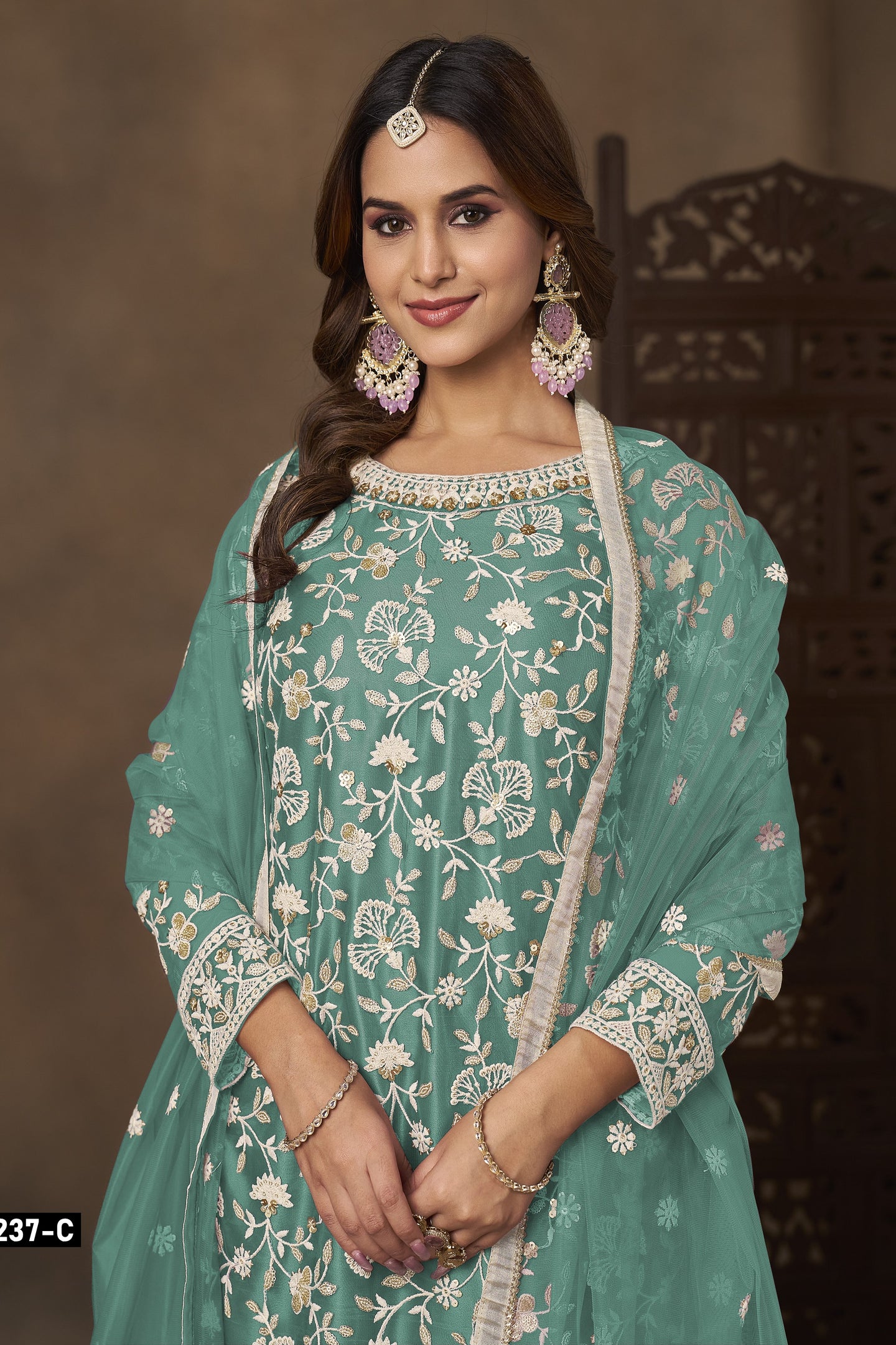 Firozi Net Plazo Suits for Wedding with Thread and Sequins Embroidery