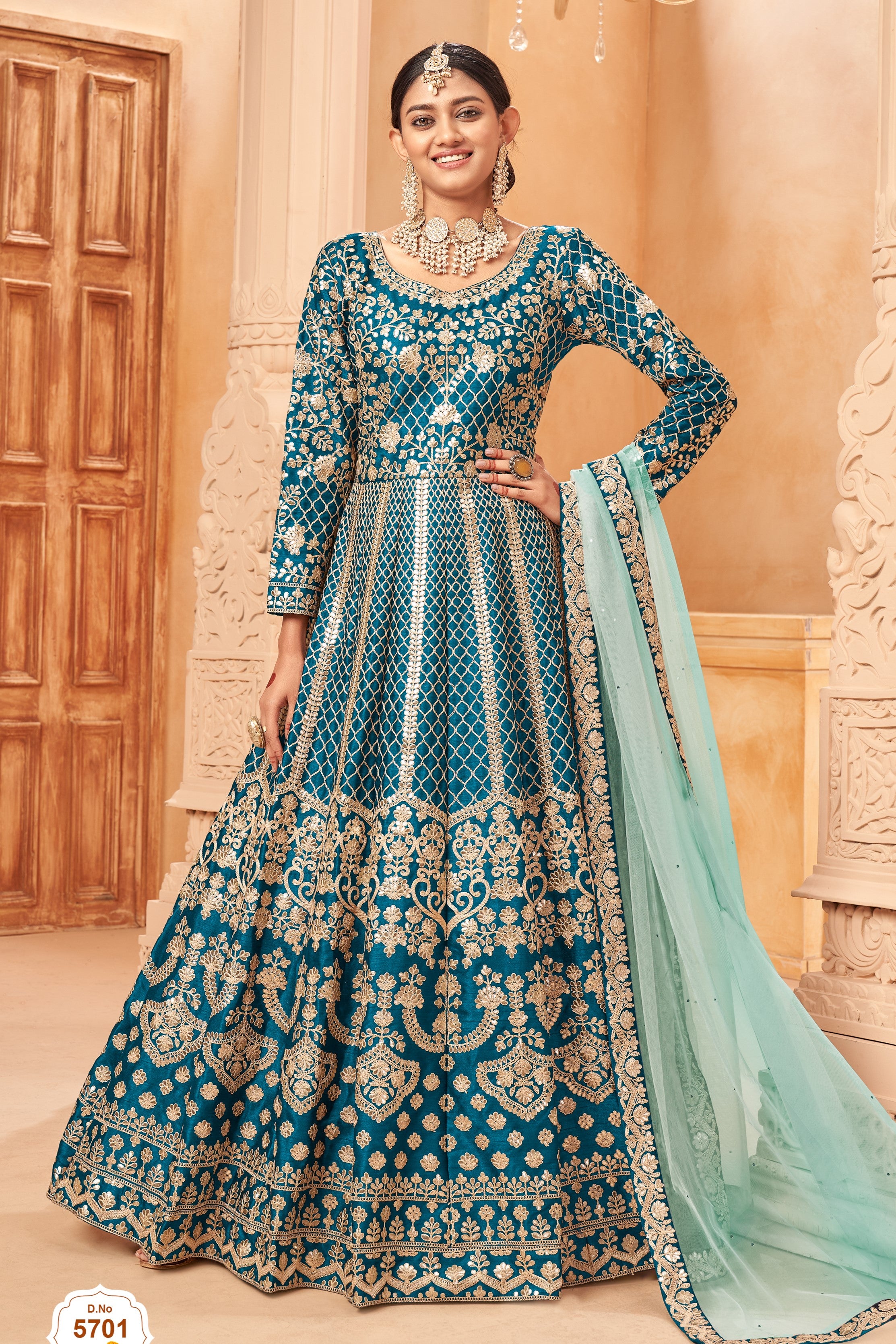 Teal Art Silk Anarkali Pakistani Dresses Traditional With Thread Work