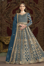 Dark Firozi Net Anarkali Suits for Wedding with Dori and Sequins Embroidery