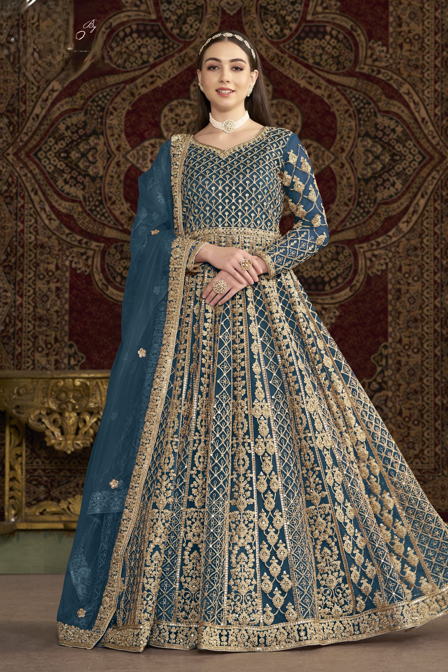 Dark Firozi Net Anarkali Suits for Wedding with Dori and Sequins Embroidery