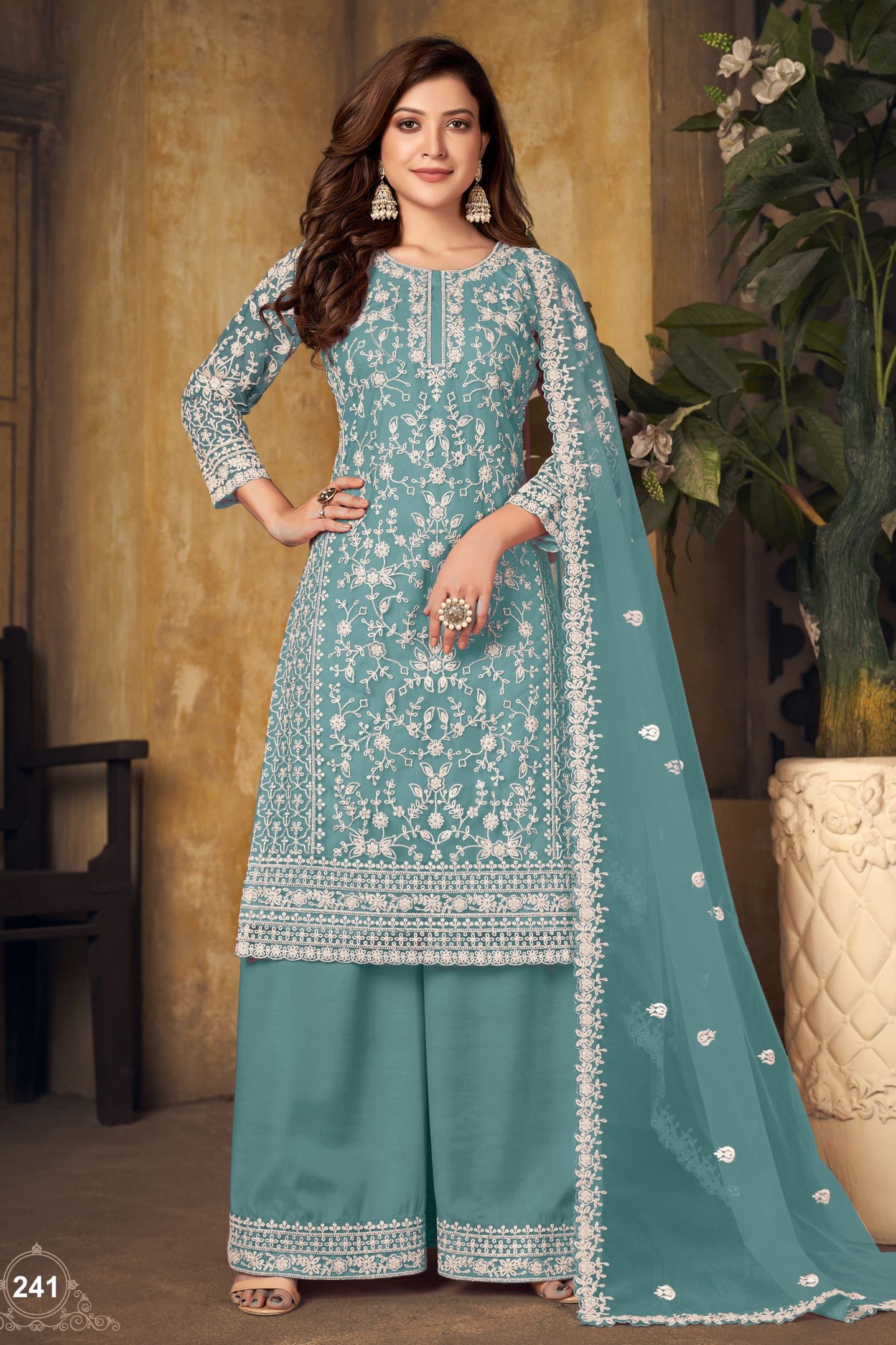 Firozi Net Plazo with Thread Embroidery Sangeet Outfits for Women