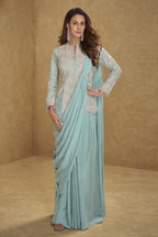 Firozi Chinon Silk Jacket with Draped Saree with Thread and Sequins Work